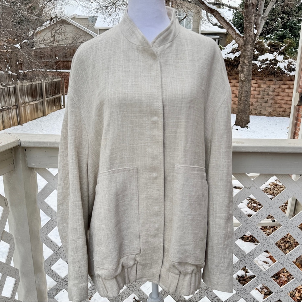 ZARA Linen Blend Bomber Jacket w/ Pockets Light Beige S/M Oversized Bloggers Fav - Picture 2 of 14